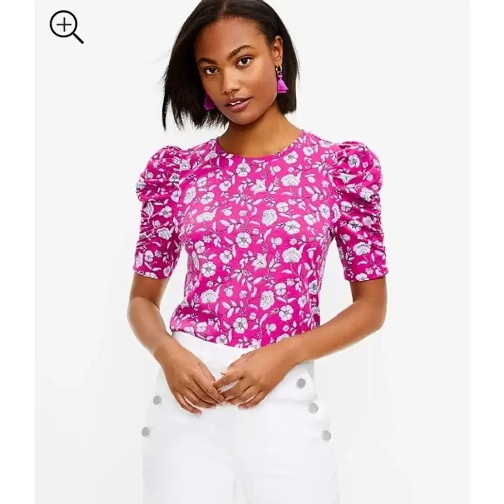 Ann Taylor LOFT Top Small Pink Floral Puff Sleeve Tee 100% Cotton
